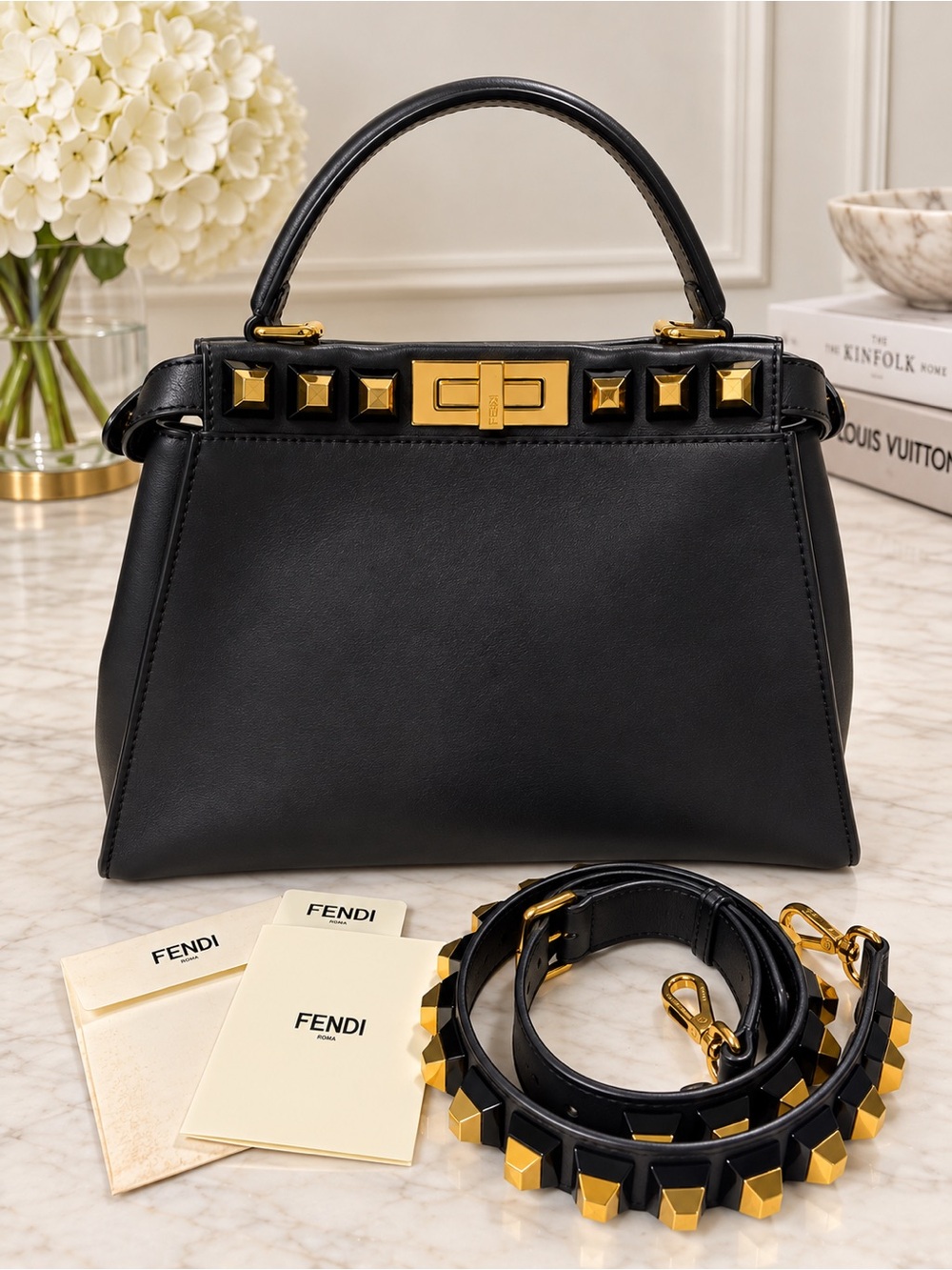 FENDI Peekaboo Medium Gold Edition Black Leather Studded Bag + Strap You – Rare